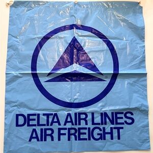 Vintage Delta Airlines AIR FREIGHT Large Plastic Drawstring Bag Blue 26” x 28”